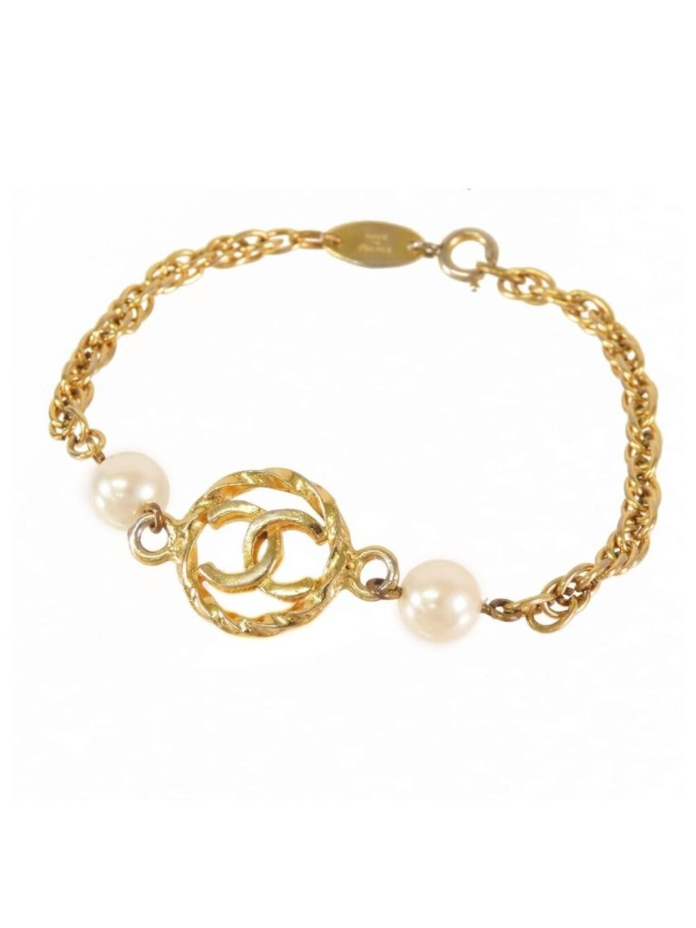Chanel CC Logo Chain Bracelet Gold Metal Costume Pearl